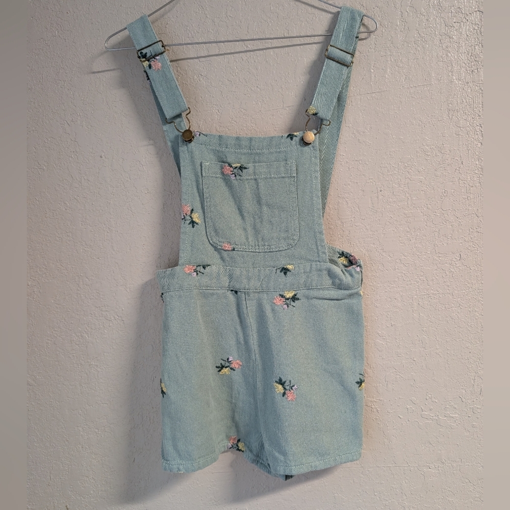 Floral Denim Overalls Romper Sage S Pocket Zip Adjustable Twee Cottagecore Boho